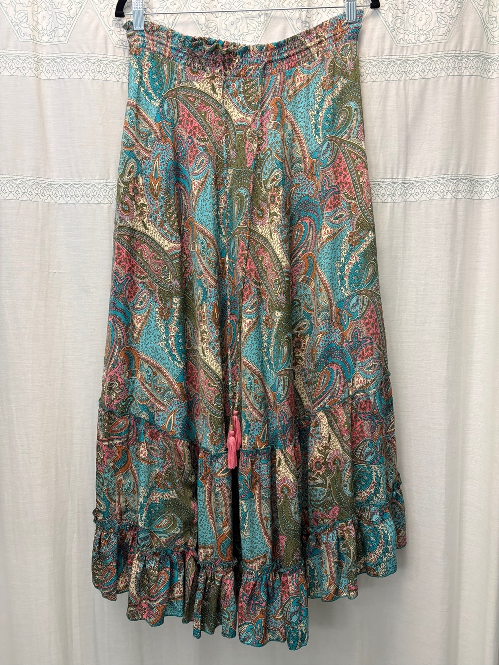 Chelsea & Theodore Teal and Pink Paisley Tiered Maxi Skirt